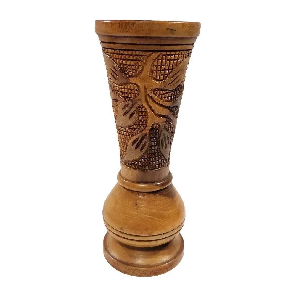 Hand Carved Wooden Vase Vessel Floral Leaf Design Bohemian Style, Boho Tiki
